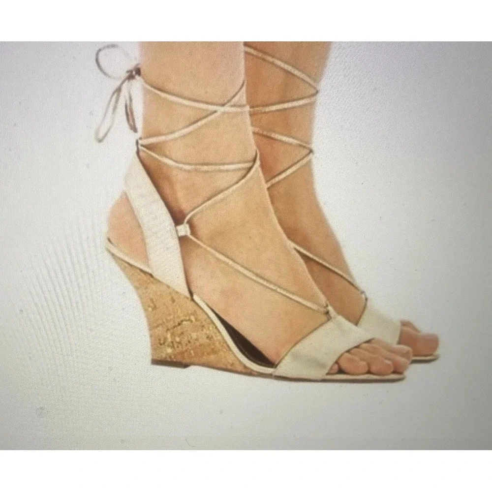 New Lilly Pulitzer Aria Gold Leather Cork Wedge Lace Up Heel Sandals Sz 6M, $198